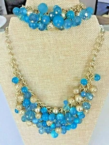 Necklace & Bracelet 2 PC Set Blue & Gold Colored Beads Stations - Picture 1 of 4