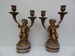Pair of late 19th century Louis XVI style Ormolu & White marble Candelabras  - Picture 1 of 12