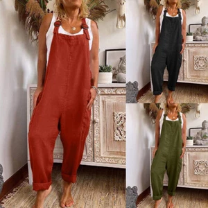 Women Cotton Linen Strappy Jumpsuit Dungaree Casual Loose Pockets Overalls Pants - Picture 1 of 15