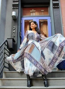 H&M Trend weiß blau Blumen Mismatch Plissee Kimono Wickel Midi Kleid Gr 16 44 - Bild 1 von 6