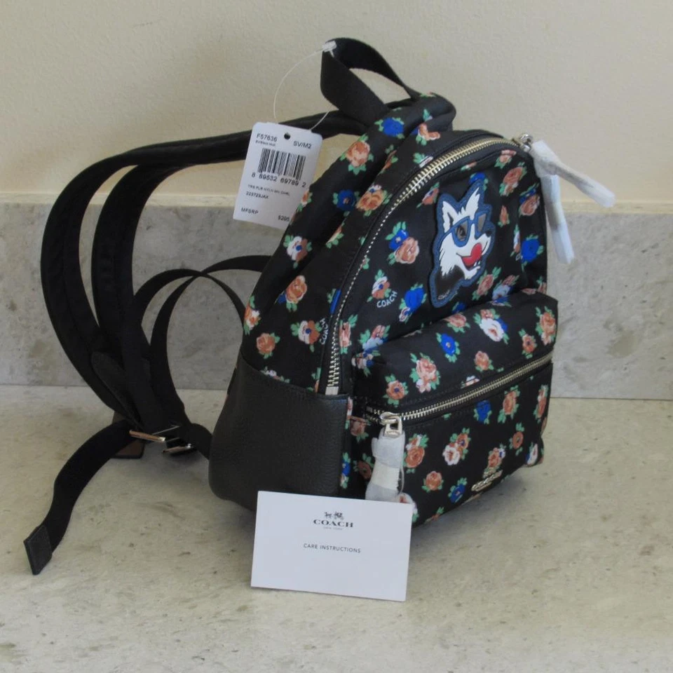 Coach F57636 Black Multi Tea Rose Floral Nylon Mini Charlie Backpack Bag
