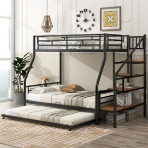 Twin over Full Size Metal Bunk Bed with Trundle and Storage Staircase-Black - Picture 1 of 15