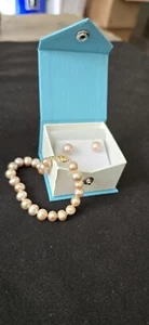 14kt Gold 7mm Rose Pearl Jewelry Set Bracelet Earrings - Picture 1 of 1
