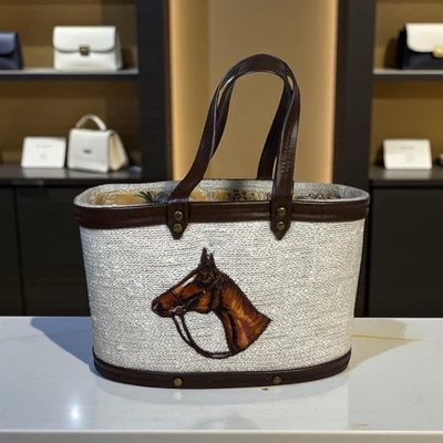 Bolso de mano de tela blanco caballo bordado Derby bolso con asa superior forrado Preppy Foto 1 de 4