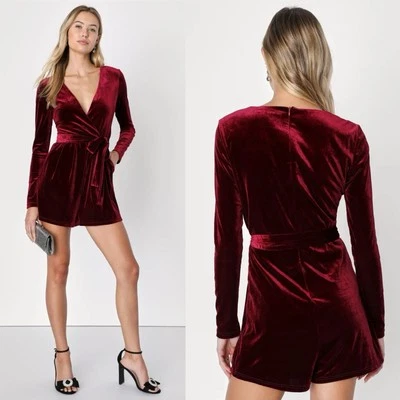 Lulus Romantic Moves Velvet Romper Burgundy Size XL Party Festival Playsuit Boho - Image 1 of 4