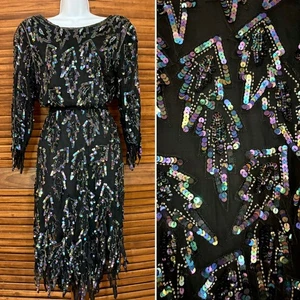 Shomax Sequined Black Shark Bite Hem Evening Cocktail Dress M - Picture 1 of 14