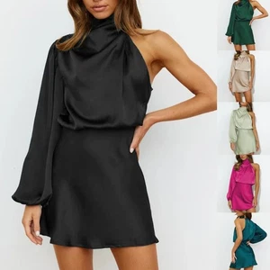 Women s Satins One Shoulder Long Sleeve Wrap Bodycon Cocktail Party Mini Dress - Picture 1 of 31