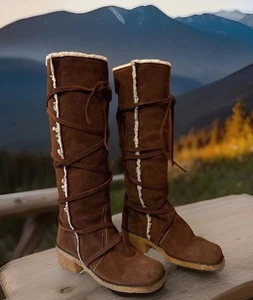 Botas altas de gamuza de cuero BoHo de colección años 70 forradas Sherpa 7,5 correa envolvente de castaño L@@K - Imagen 1 de 7