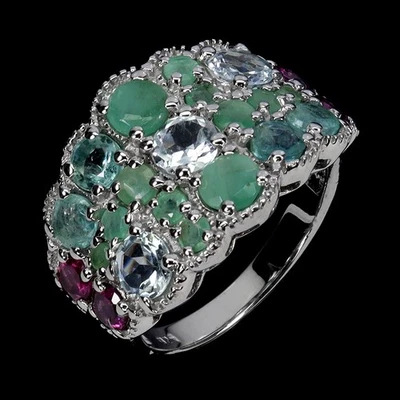 925 Sterling Silver Ring Round Aquamarine Emerald Rhodolite Gemstone Jewelry 9 - Image 1 of 4