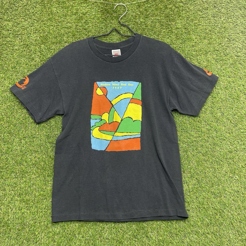 复古耐克衬衫男式中号麦基诺岛公路跑单针图案 — 第 1/4 张图片