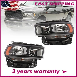 Halogen Model Headlights Left+Right For 2019-2024 Ram 2500 3500 Black Headlamps - Picture 1 of 9