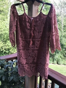 Xhilaration Dusty Rose Lace Split Sleeve Lined Loose Fit Dress Sz S PreOwned EUC - Picture 1 of 12