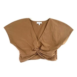 Witchery Knot Front Top Womens L Brown V-Neck Crop Fitted Ruched Short Sleeve - Picture 1 of 9