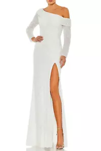 $498 NWT MAC DUGGAL Sz0 LONG SLEEVE ONE SHOULDER THIGH HI-SLIT SEQUIN GOWN WHITE - Picture 1 of 12