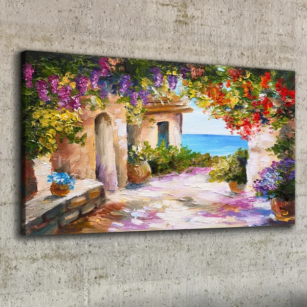 Canvas Print 100x50 Oil Painting Flowers Houses Seascape Wall Art Framed Decor
