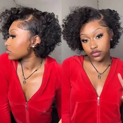 Peluca frontal de encaje 13X4 pelucas rizadas brasileñas corte pixie corto peluca de cabello humano rizado Foto 1 de 4