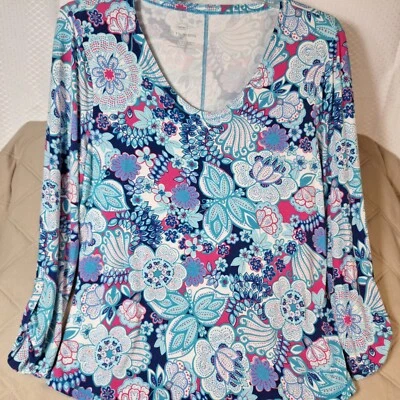 T by TALBOTS Active Top Womens Sz XL Blue White Pink Floral Print Long Sleeve - Image 1 of 4