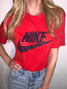80s VINTAGE NIKE BLUE TAG RED T-SHIRT SZ M PAPER THIN DISTRESSED BUTTERY SOFT - Picture 1 of 12