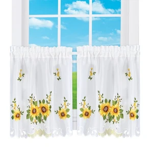 Embroidered Sunflower Cluster Caf� Kitchen Curtains - Picture 1 of 9
