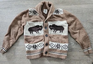 Lands' End Kids Buffalo Bison Knit Wool L 7 Fisherman Sweater Cardigan Brown - Picture 1 of 8