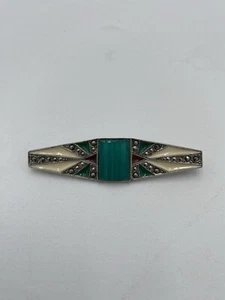Vintage Silver Tone Turquoise Pin Brooch Bar Rhinestone Jewelry Scarf 2.5" Long - Picture 1 of 6