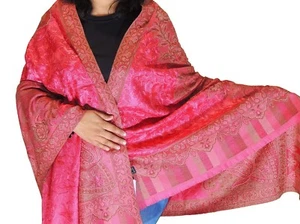 Pink Brown Wool Embroidered Shawl Kashmir Evening Dress Wrap Winter Scarf 80" - Picture 1 of 5