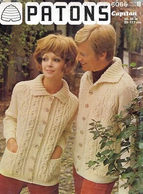 Adult Cardigan Jacket Aran Size 89-117cm 35-46in Patons 6065 Knitting Print - Image 1 of 2