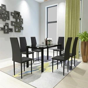7 Piece Dining Table Set Kitchen Breakfast Furniture with 6 Leather Chairs Black - Picture 1 of 15