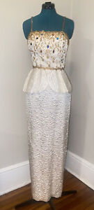 Vtg 80s Alyce Designs White Gold Beaded Jeweled Party Dress Evening Gown Size 8
