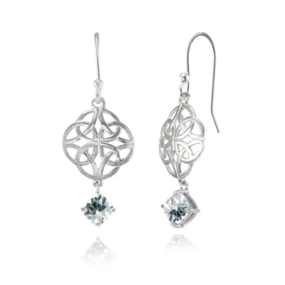 Celtic Knot 4x4mm Cushion-Cut Aquamarine Dangle Earrings in Sterling Silver - Image 1 of 4