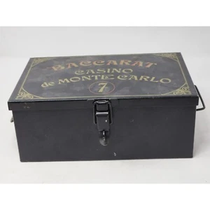 Vintage Baccarat Casino de Monte Carlo 7 Tin Box Handles & Lock Black Gold - Picture 1 of 11