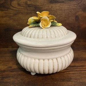VTG Capodimonte Italy Brown Glaze Trinket Vanity Candy Dish w Lid Yellow Flowers - Picture 1 of 10