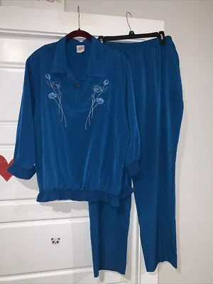 Conjunto de 2 piezas vintage Graff turquesa manga corta 1/4 botones XL Top 20 pantalones Foto 1 de 4