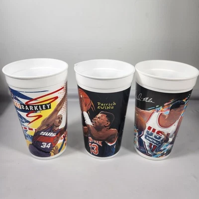 VTG Souvenir NBA 3 Cups Mcdonald's Tumblers Malone Ewing Barkley Plastic - Image 1 of 4