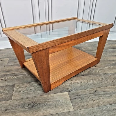 Retro Vintage Mid Century Solid Wood Coffee Table –Shelf - Glass Top - Handmade - Image 1 of 4