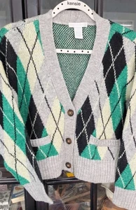 Design History Womens Size Small Green/Black/Gray Argyle Cardigan Pockets - Picture 1 of 8