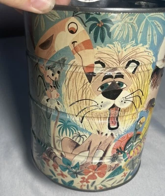 "Lata de café vintage Folgers animales de la selva años 60 decoración coleccionable 6,5""" Foto 1 de 4