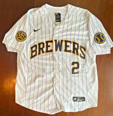 Nueva camiseta réplica Brice Turang Milwaukee Brewers (rayas blancas/azules) Foto 1 de 4