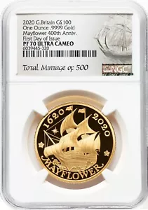 2020 GB Gold 1oz £100 NGC PR70UC FDI Mayflower 400th Anniversary Low 500 Mintage - Picture 1 of 3