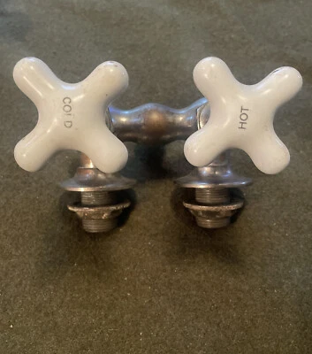 Vintage Early 1900s Hot Cold Porcelain & Brass Nickel Plated Sink Faucet APEX - Image 1 of 4