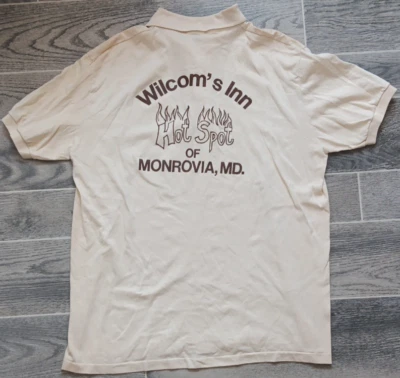 Polo vintage Wilcom's Inn Hot Spot of Monrovia Md Stedman para hombre XL beige años 70 80 Foto 1 de 4