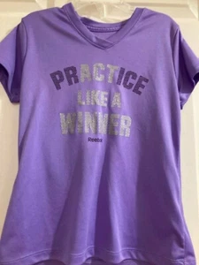 REEBOK SHORT SLEEVE PURPLE SHIRT PRACTICE LIKE A WINNER-GIRL'S SIZE 8-10 (SMALL) - Picture 1 of 4