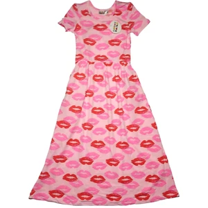Dot Smile Girls Sz 5 6 Pink Kiss Lips Maxi Dress Short Sleeve Pockets Long NWT - Picture 1 of 4