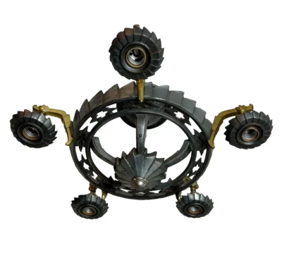 1930s cast iron & brass 5 light simi-flush mount fixture - Image 1 of 4