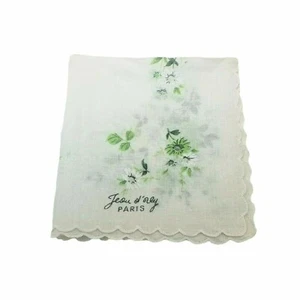 Vintage Jeou D'orly Handkerchief Paris Floral Hanky Green & White Flowers 11.5" - Picture 1 of 6