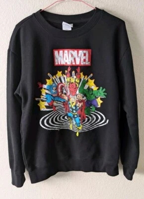 Marvel Sweater Womens Large Black AOP Superhero Crewneck Captain America Hulk L - Image 1 of 4