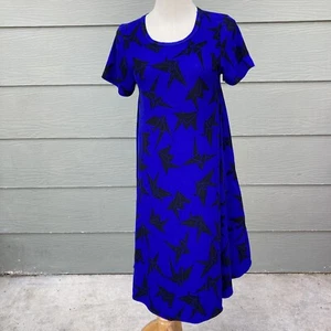 LuLaRoe CARLY Womens Tee Shirt Tunic Dress Sz XXS Origami Blue Black Swing Knit - Picture 1 of 6