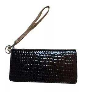 Black Faux Crocodile Wristlet Wallet Clutch with Strap and Zip Closure - Picture 1 of 6