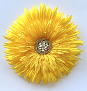 HUGE 7" Yellow African Daisy Silk Flower BROOCH Pin with Rhinestones Cabochon