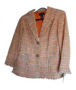 Jones NY Signature Sz 14 W Tweed Blazer Jacket Womens Tangerine Frayed Edges Nwt - Picture 1 of 12